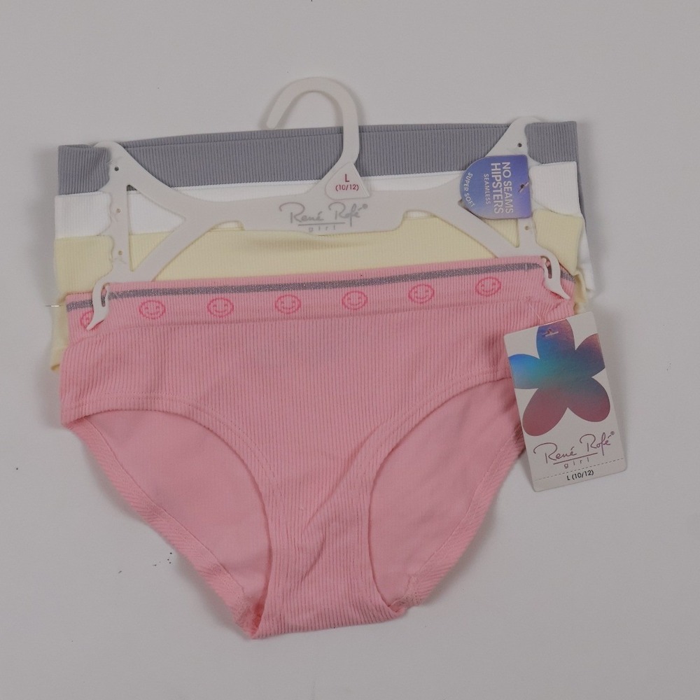 Rene Rofe Girls Hipster Underwear 4 Pack Pink Gray White Yellow Large 10/12 NWT